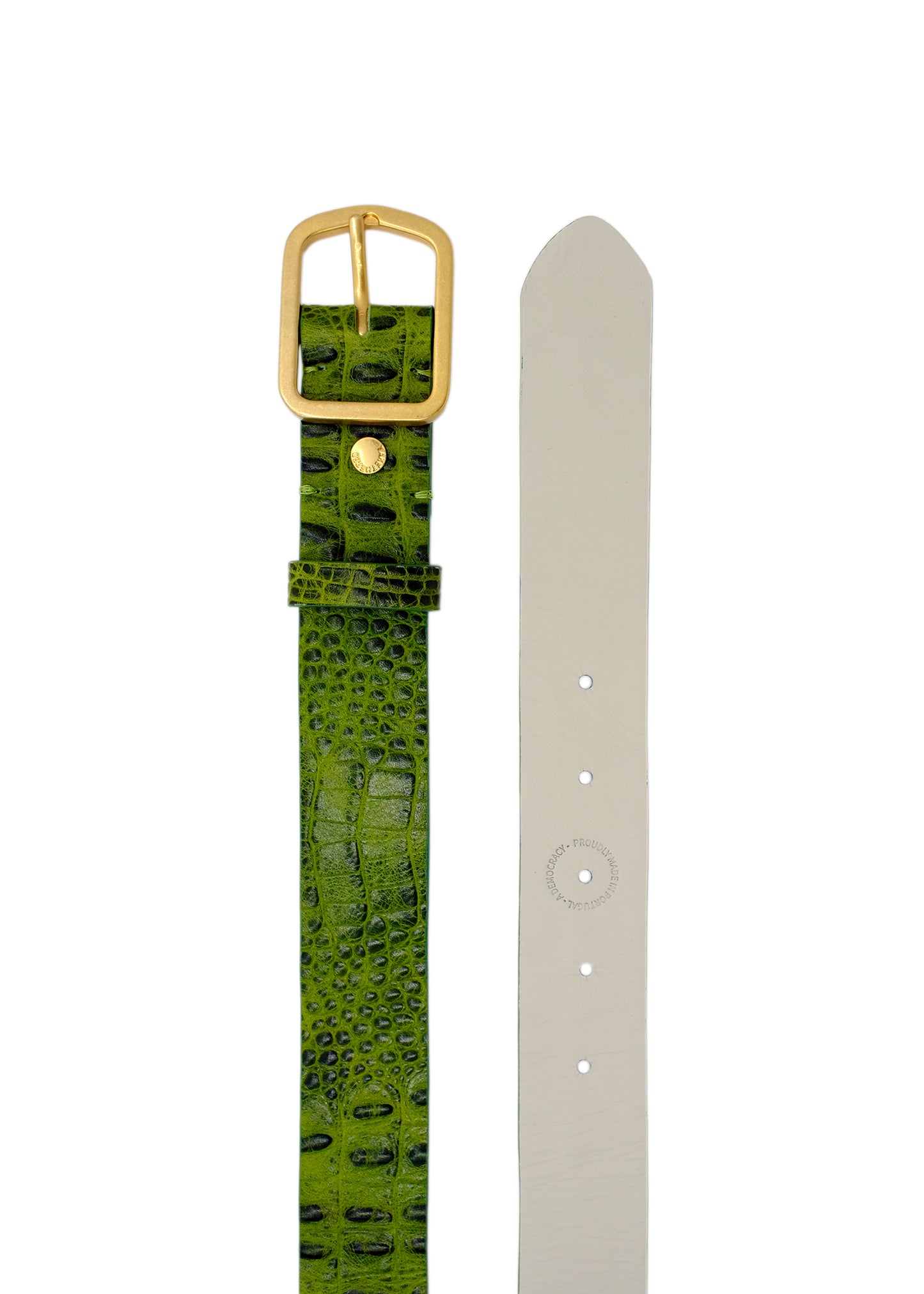 Top-down vertical display of the Atomic Green alligator embossed belt, showcasing the gold-tone buckle and the intricate, vibrant snake pattern.