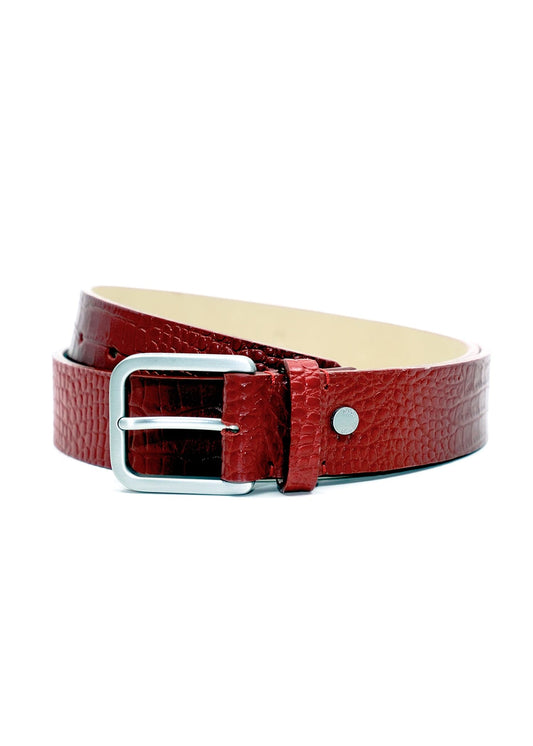 Coiled Blood Simple Mississippi Belt in red crocodile-embossed leather with a silver buckle and red stitching.