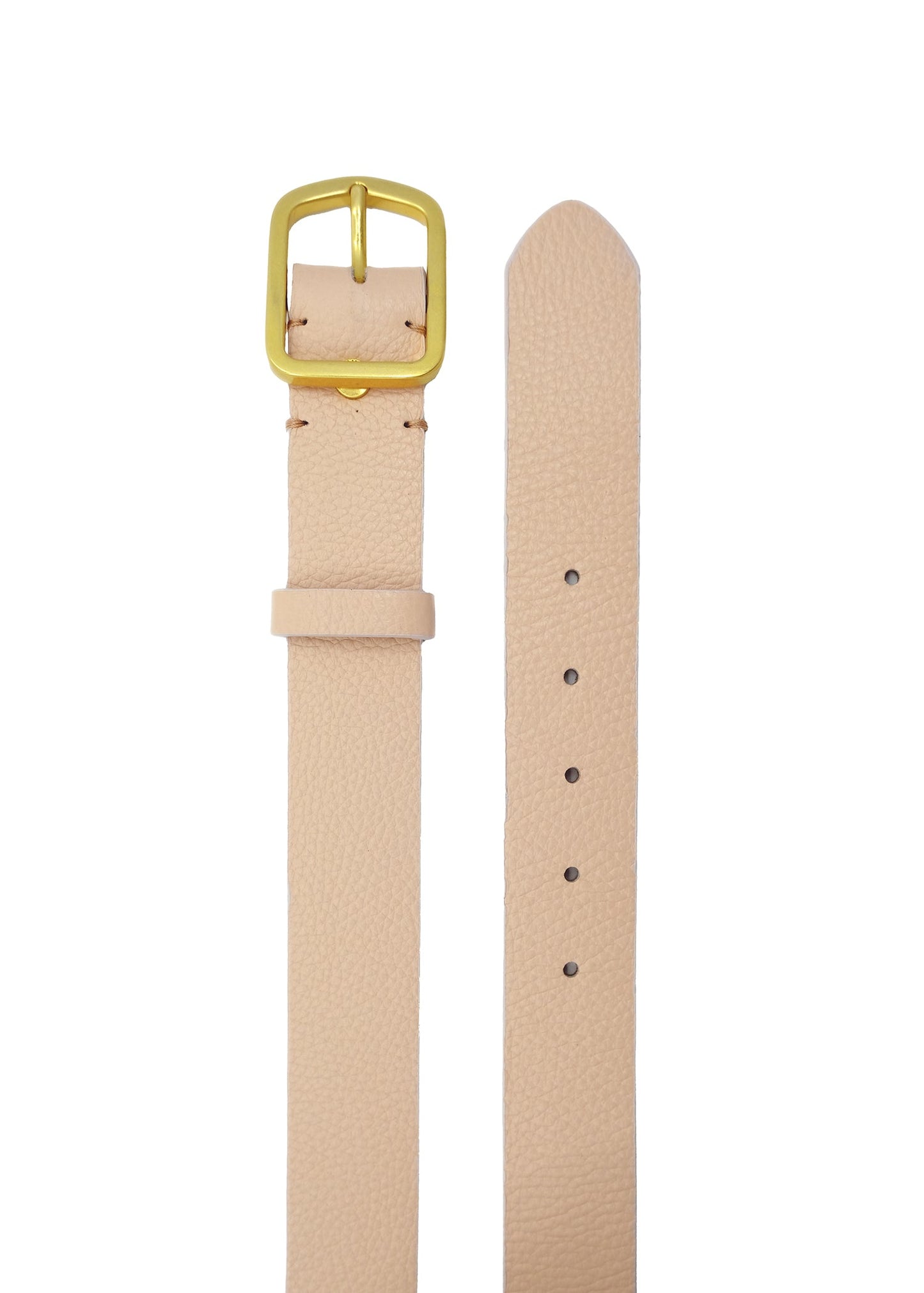 Top-down view of the Nude Pink Grunge Belt in pebble-grain leather with a gold buckle.