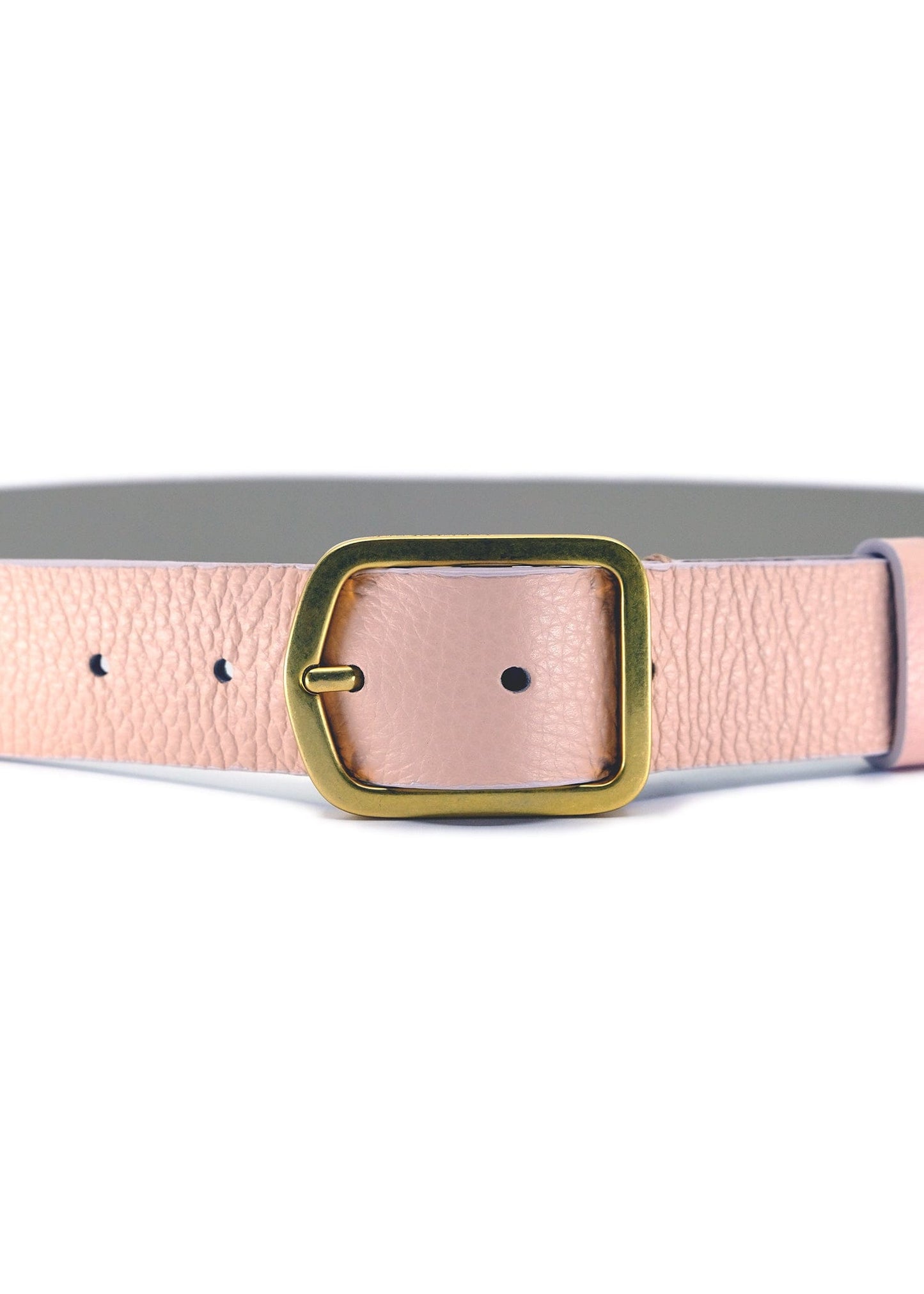 Front view of Nude Pink pebble-grain leather belt with a gold buckle and a contrasting neutral interior.