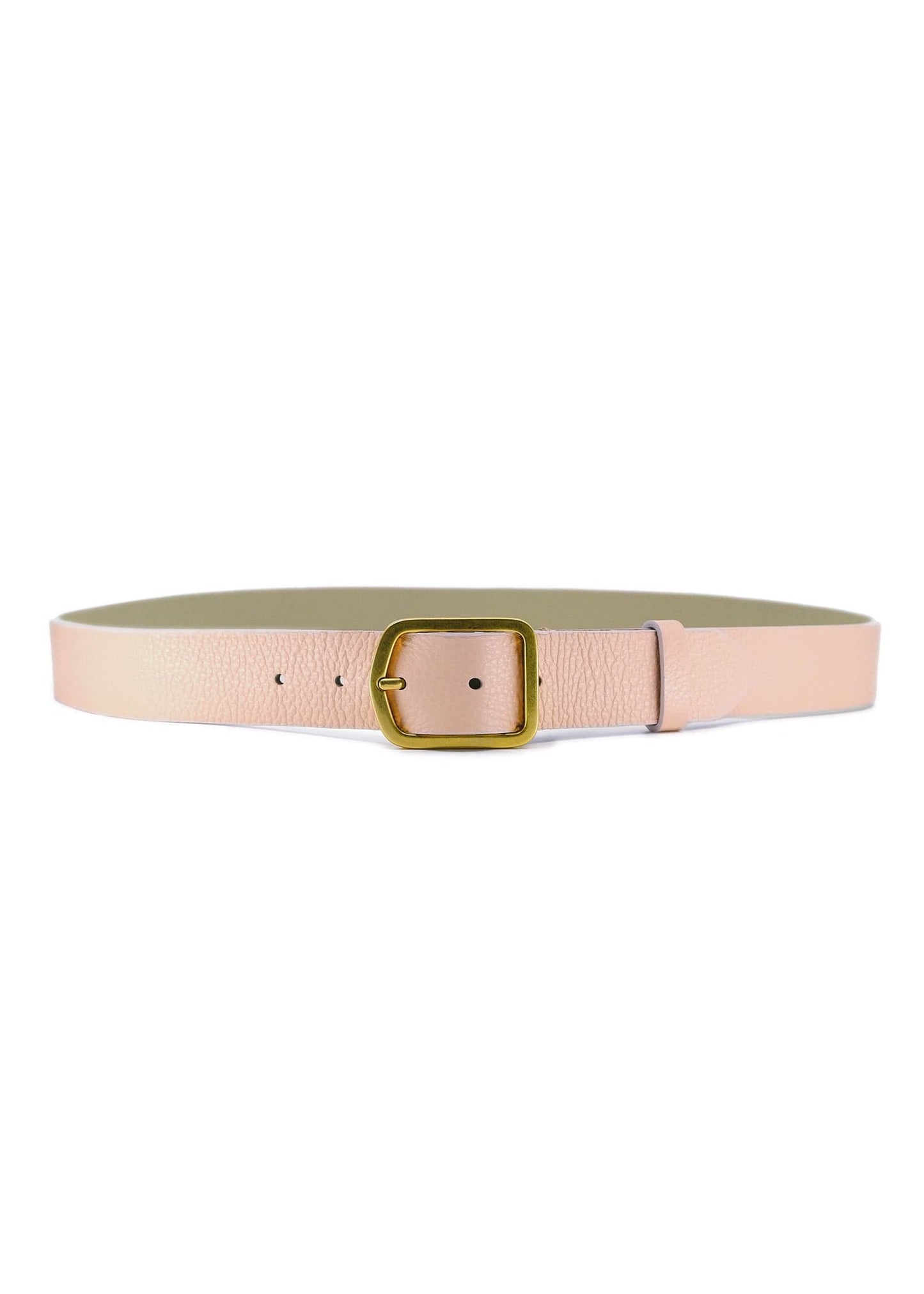 Horizontal view of Nude Pink Grunge Belt in pebble-grain leather with a gold buckle and interior.