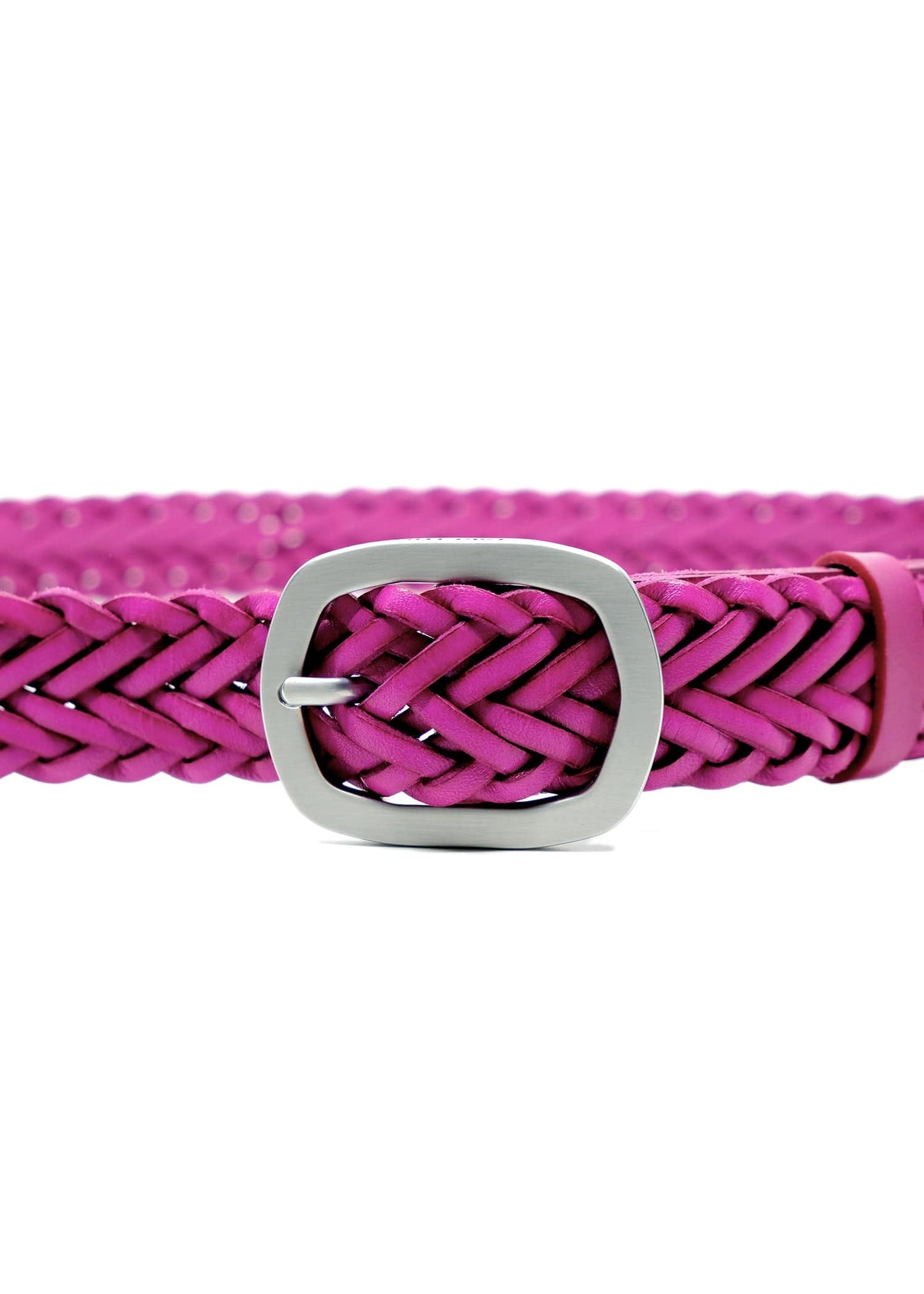 Macro shot of the Barbie Pink braided leather belt with a matte silver buckle and vibrant woven texture.