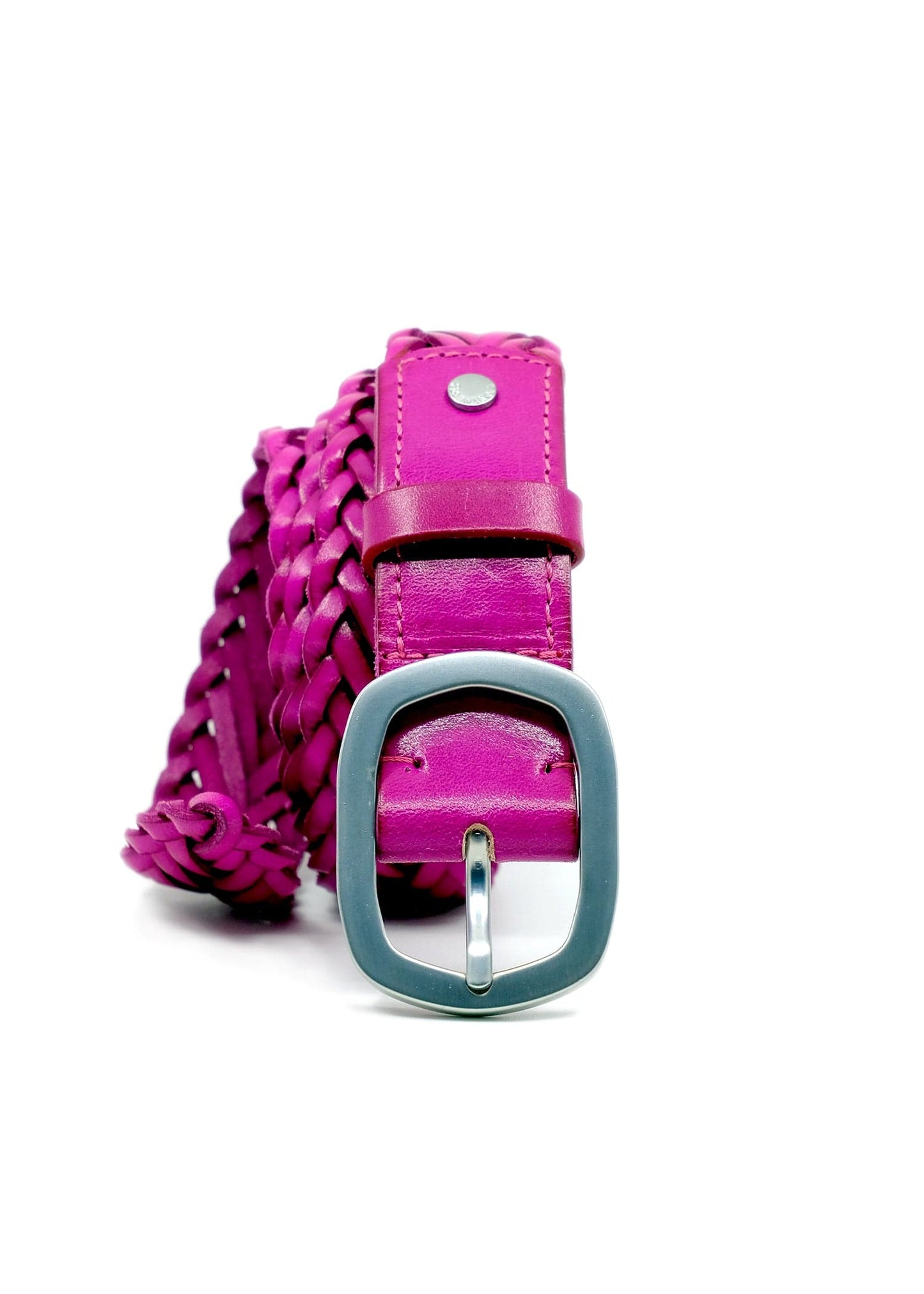 Vertical coiled Barbie Pink braided belt with a matte silver buckle, pink leather loop and silver rivet detail.