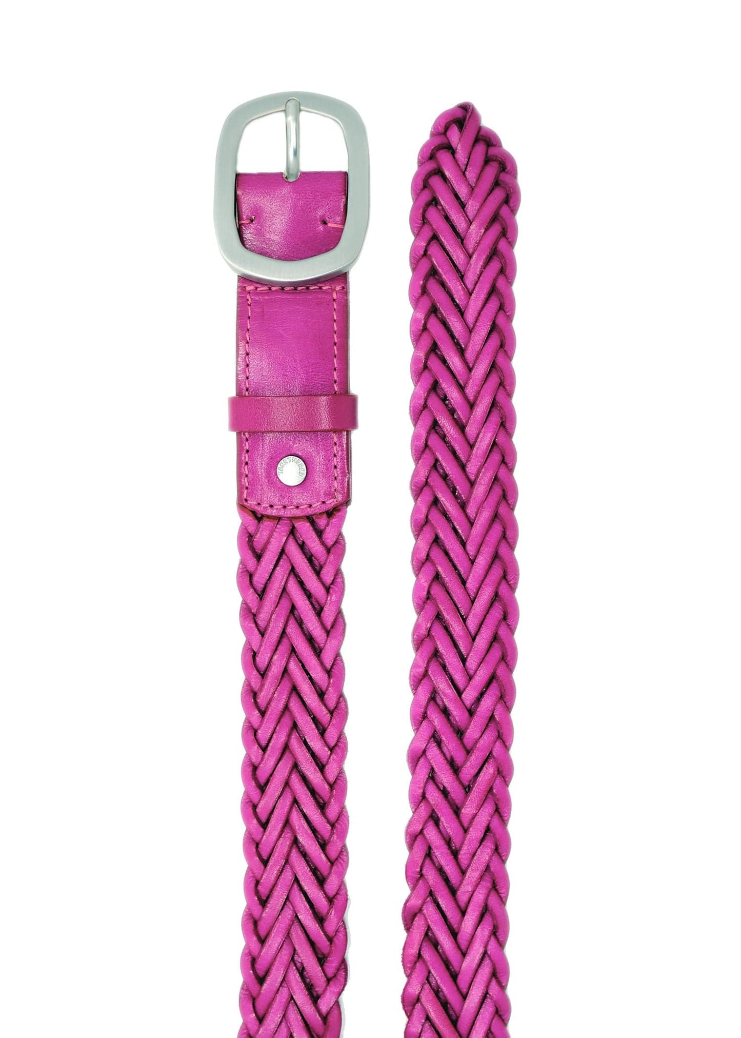 Top-down view of the Barbie Pink braided leather belt with a matte silver buckle and detailed woven texture.