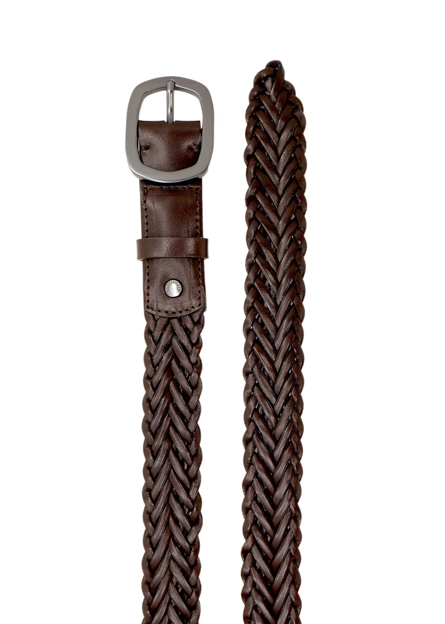 Top-down view of Espresso dark brown braided leather belt with matte black buckle and detailed weave texture.