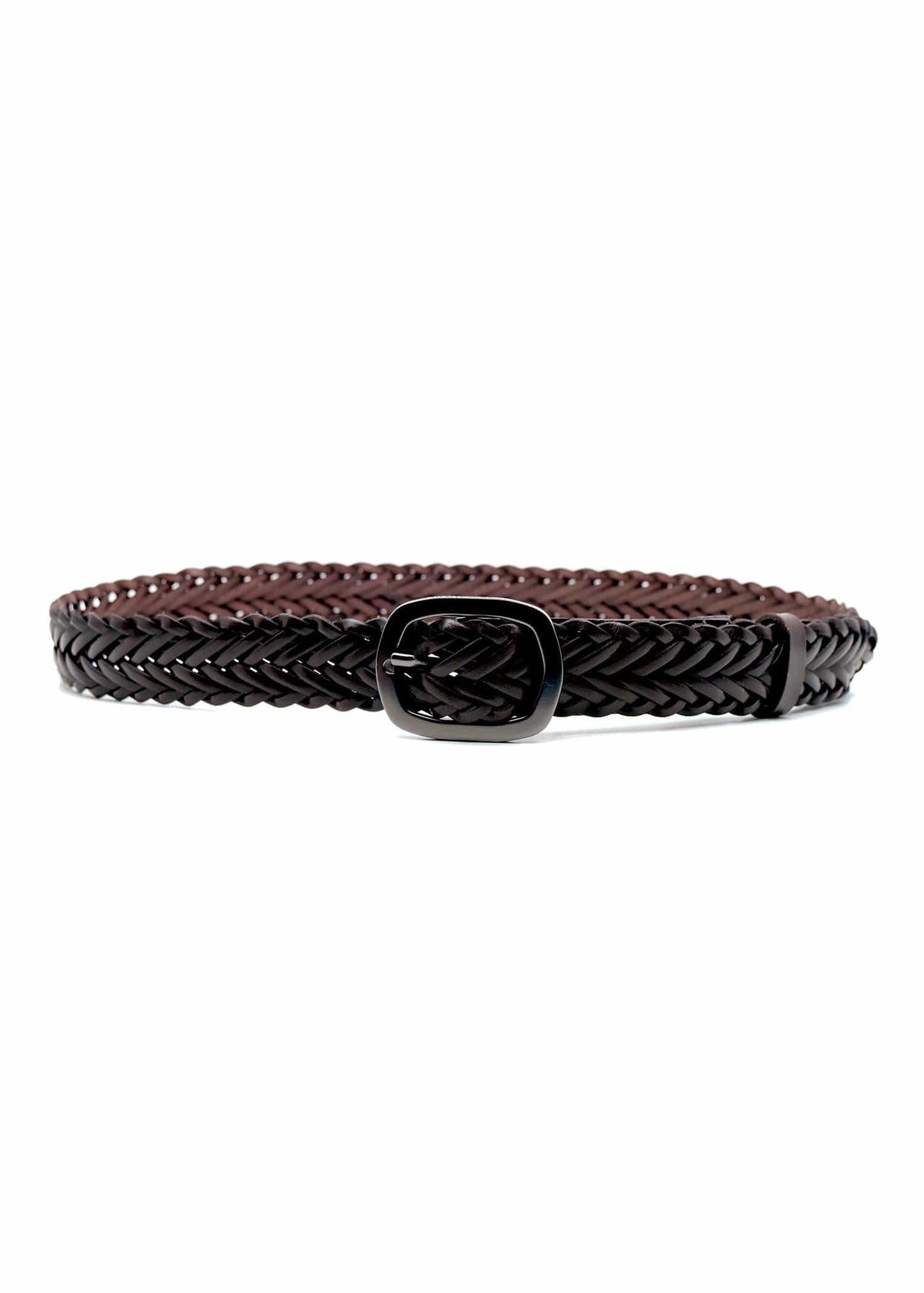 Horizontal view of the Espresso dark brown braided leather belt featuring a sleek matte black buckle.