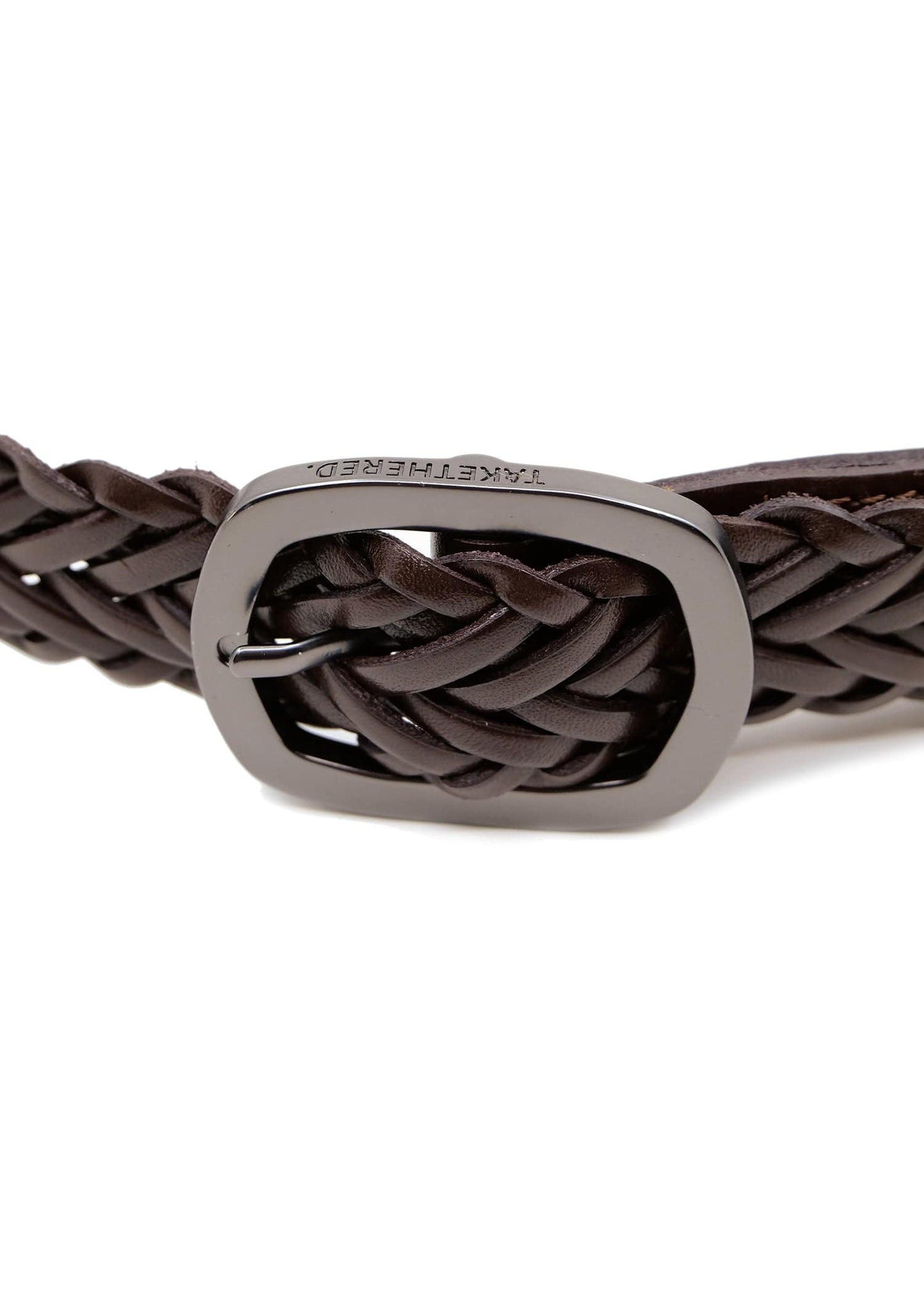 Macro of Espresso braided leather belt with a matte black buckle featuring an engraved "TAKETHERED." logo.