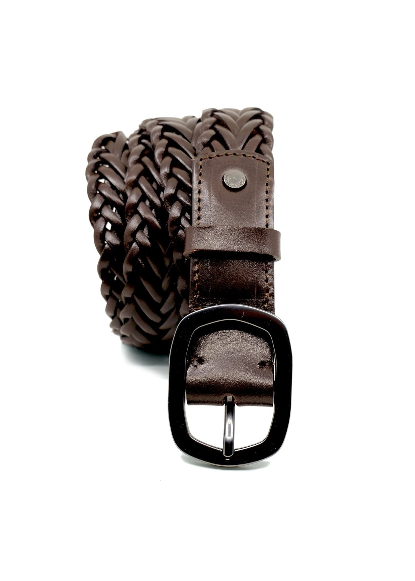 Vertical coiled view of Espresso dark brown braided leather belt with matte black buckle and rivet.