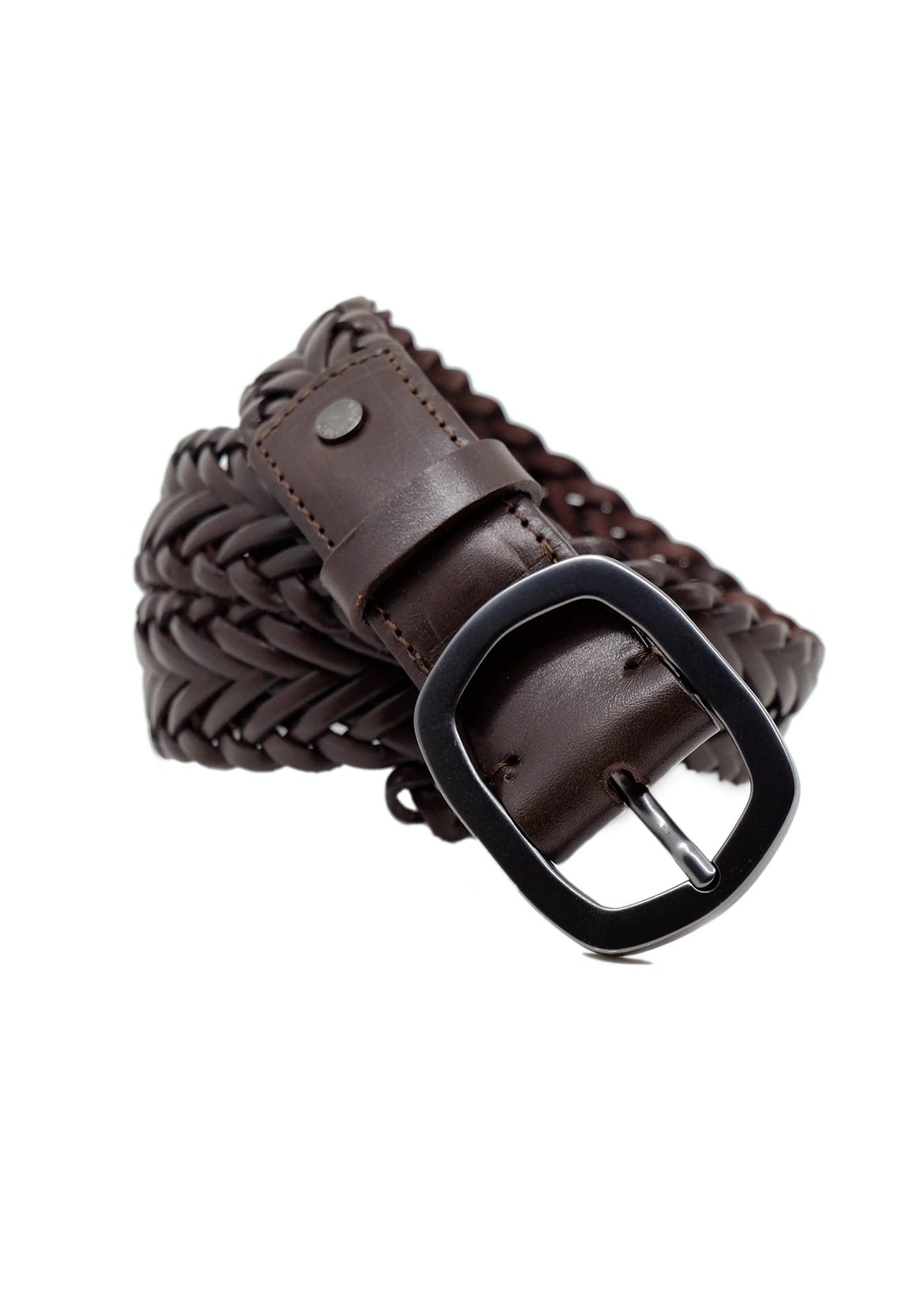 Angled view of a coiled Espresso dark brown braided leather belt with a smooth matte black buckle and rivet detail.