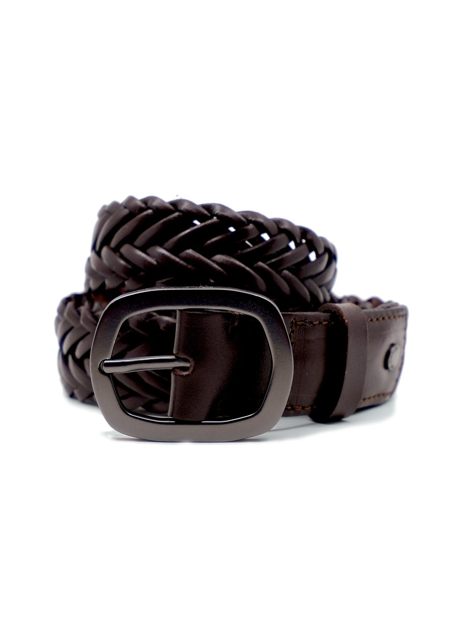 Coiled Espresso dark brown braided leather belt with a black buckle on white background.