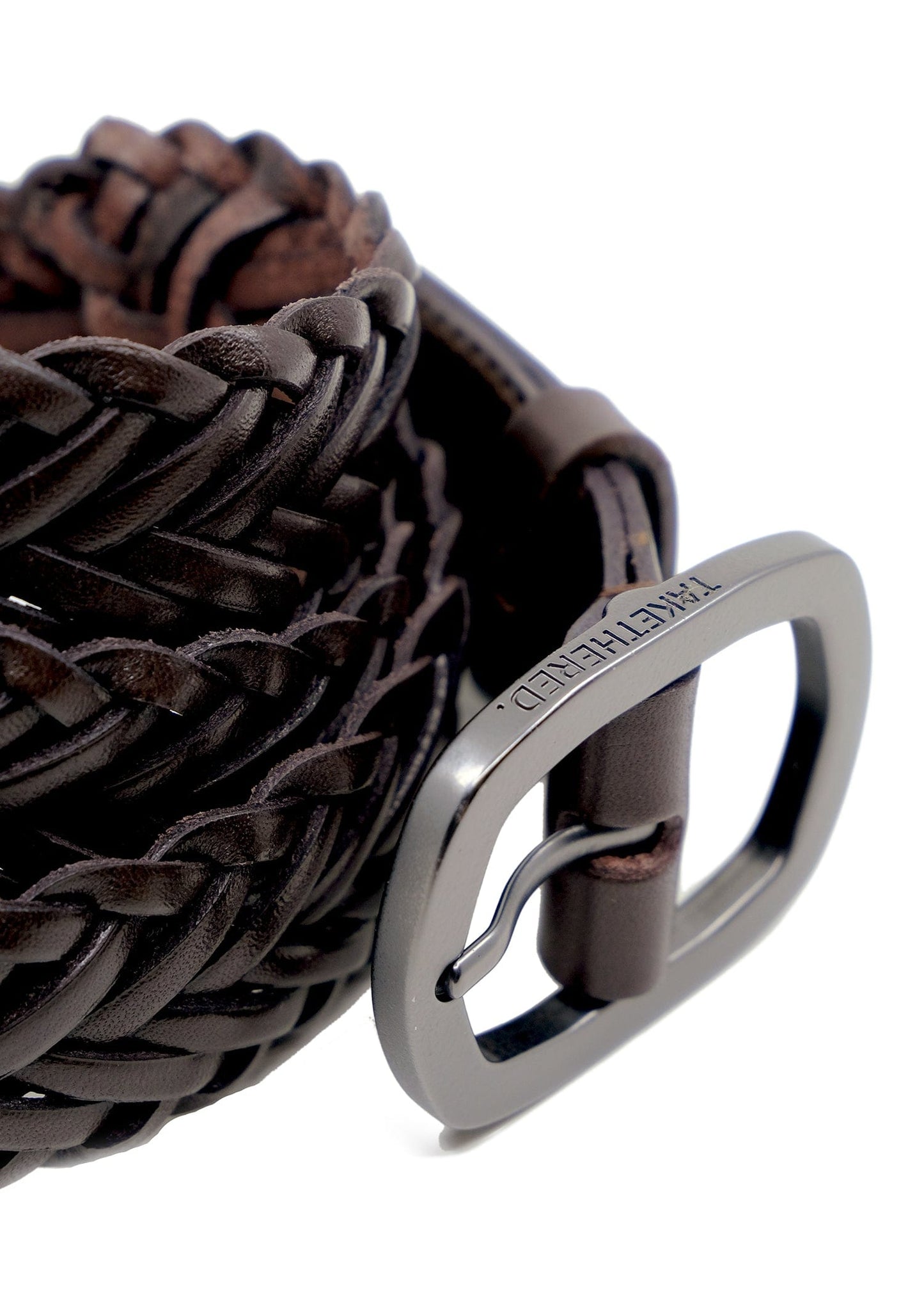 Close-up of Espresso dark brown braided belt with a matte black buckle featuring engraved "TAKETHERED." logo.