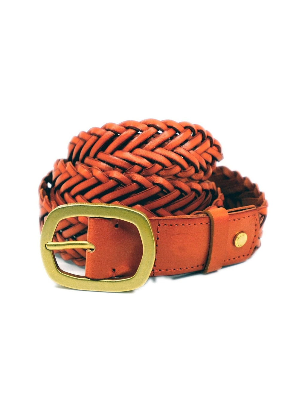 Coiled Tatooine Sunset orange braided leather belt with a matte gold buckle and matching orange rivet.