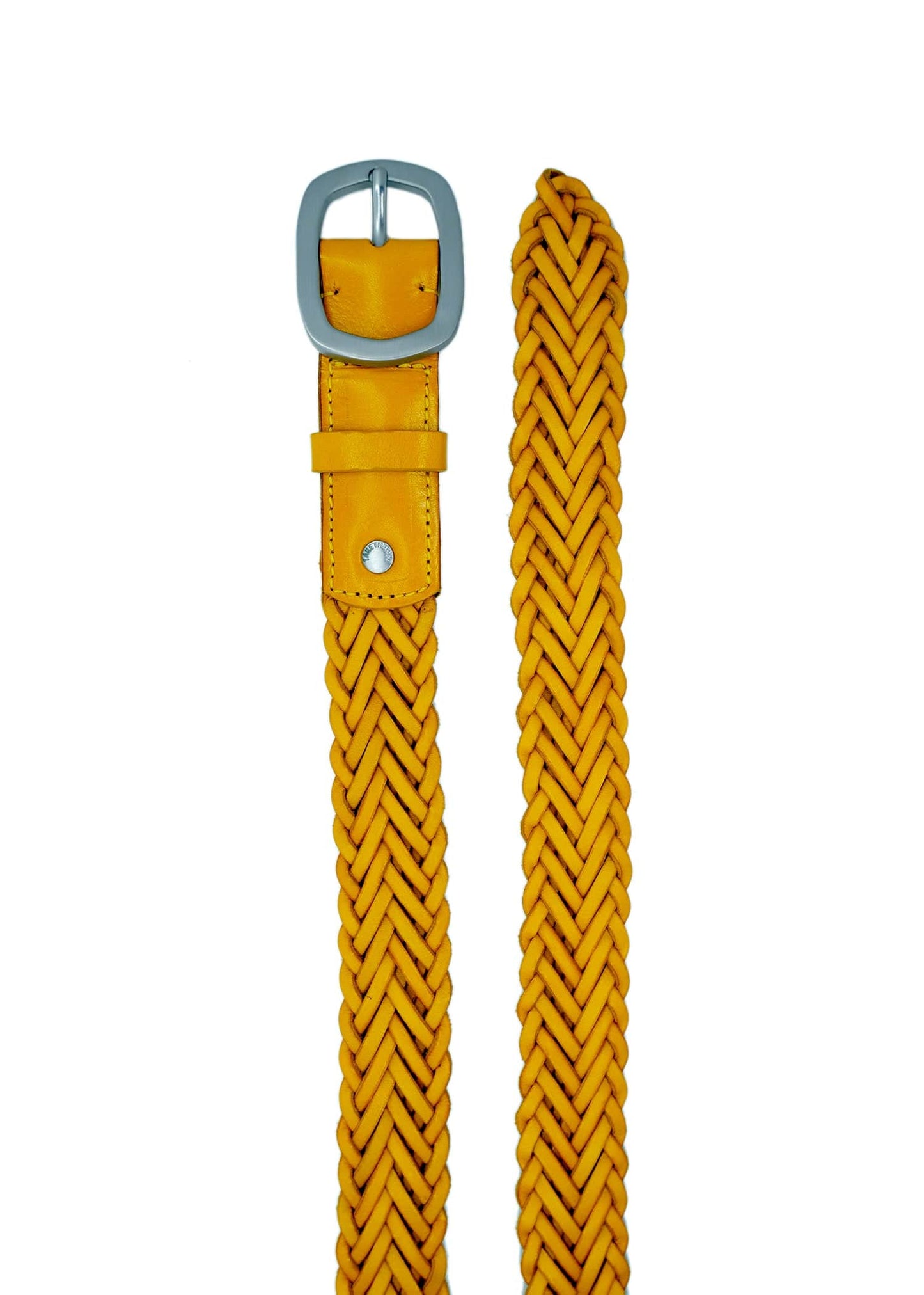 Top-down view of the Submarine Yellow braided leather belt with a matte silver buckle and vibrant woven texture.