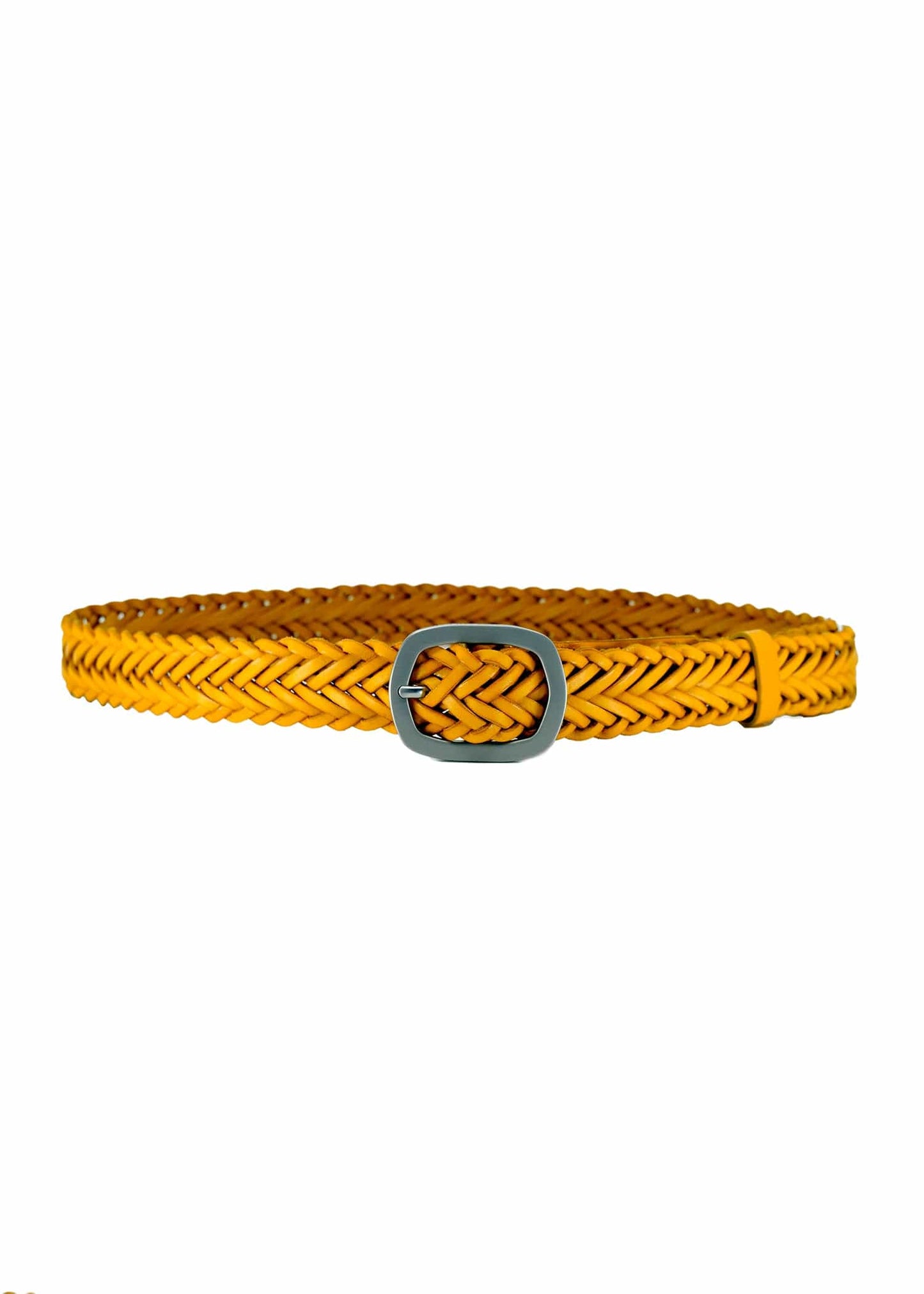Horizontal view of Submarine Yellow braided leather belt with a matte silver buckle and matching yellow leather loop.