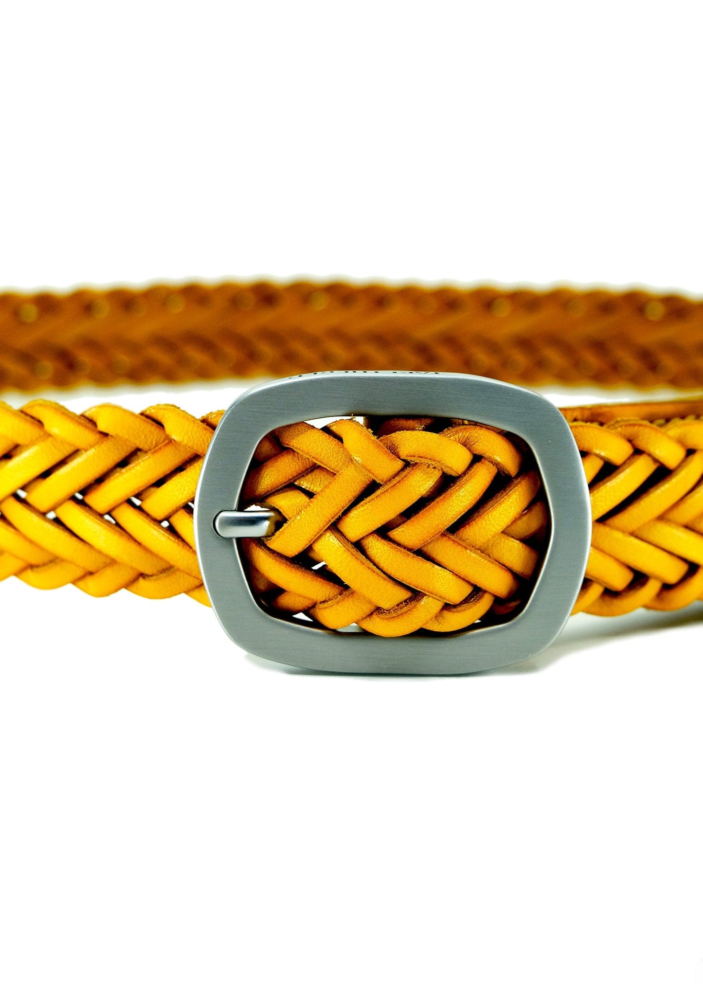 Close-up of Submarine Yellow braided leather belt with a matte silver buckle and detailed yellow weave pattern.
