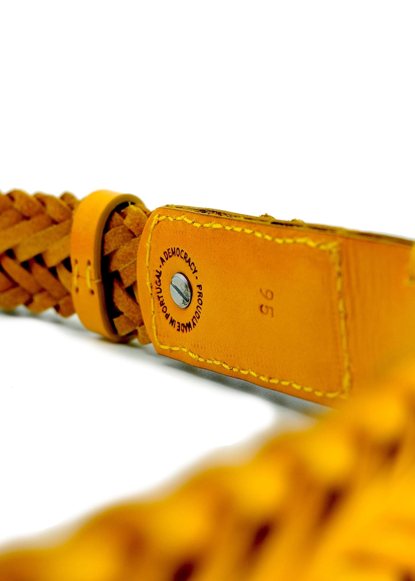 Interior view of Submarine Yellow belt with "Proudly Made in Portugal - A Democracy" stamp and silver rivet.