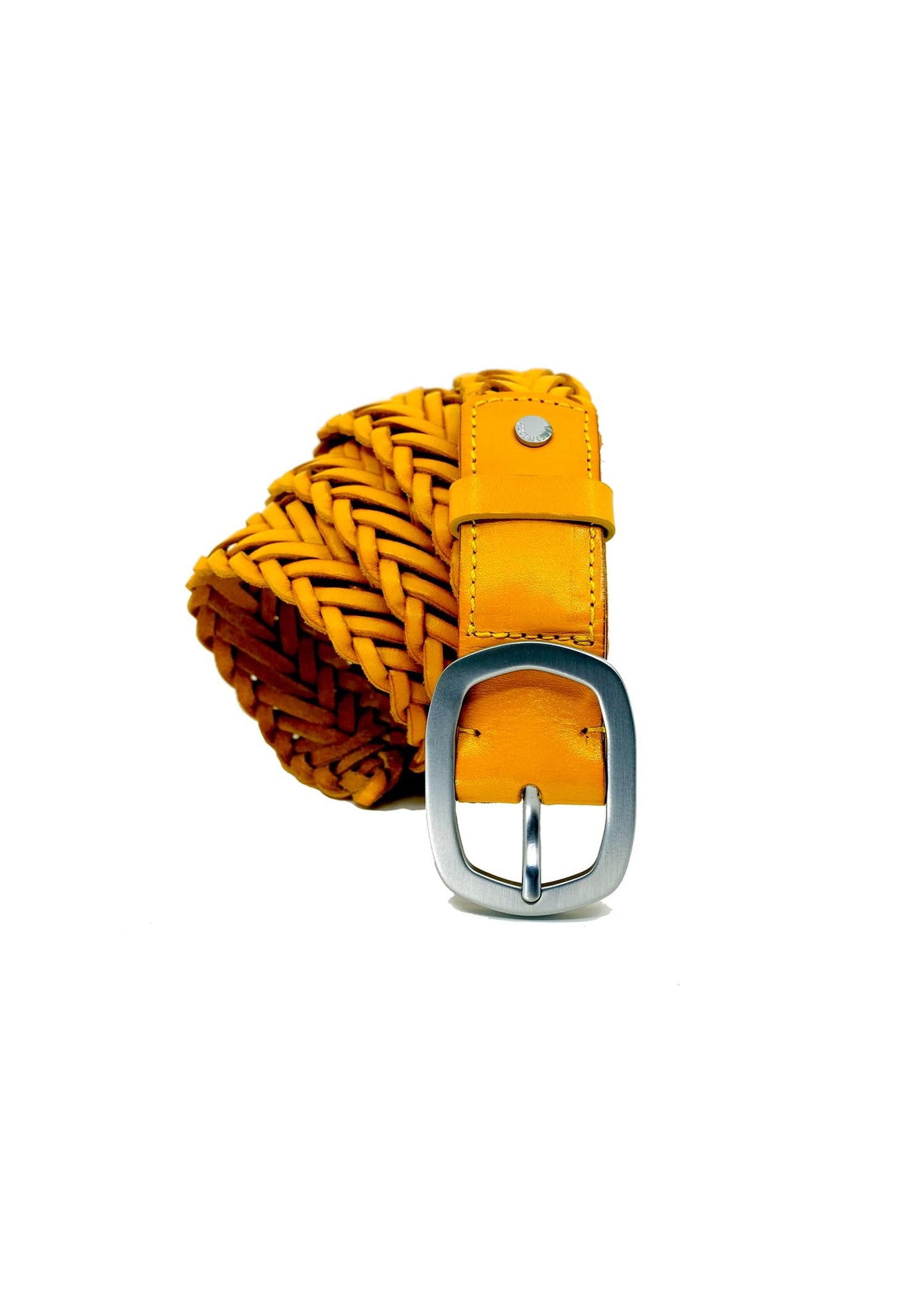 Vertical coiled view of Submarine Yellow braided belt with a matte silver buckle, yellow leather loop and silver rivet.