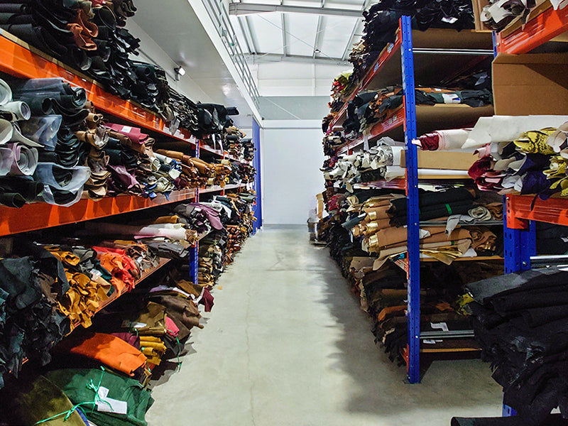Inside picture of a leather wholesale warehouse in Porto, Portugal.