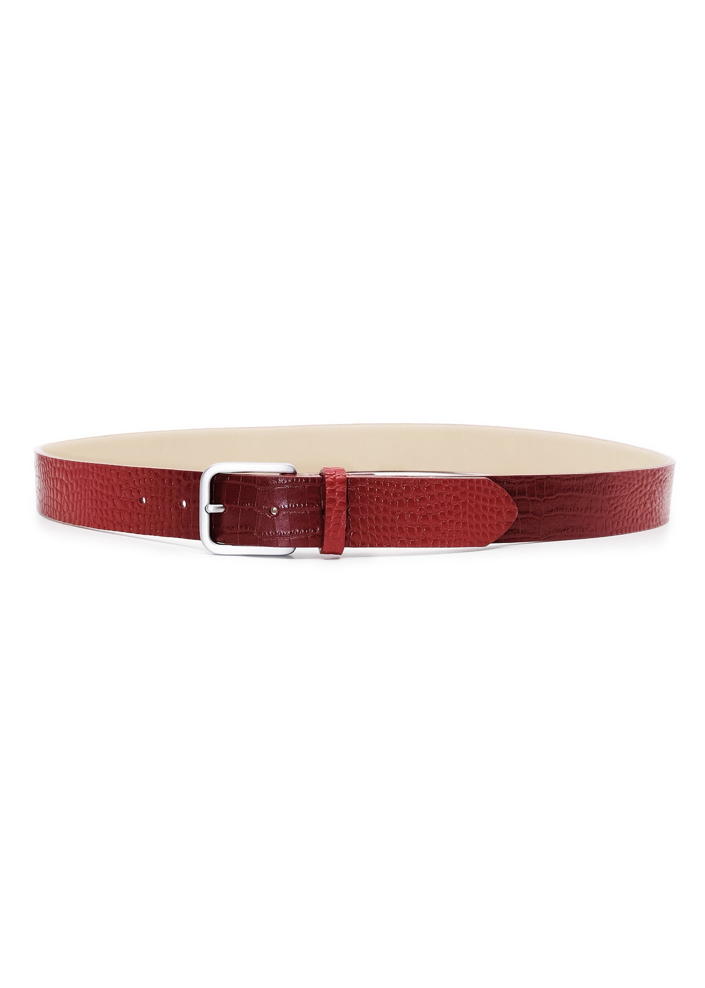 Horizontal view of the tan alligator-embossed Blood Simple Mississippi Belt with a silver buckle and cream interior.