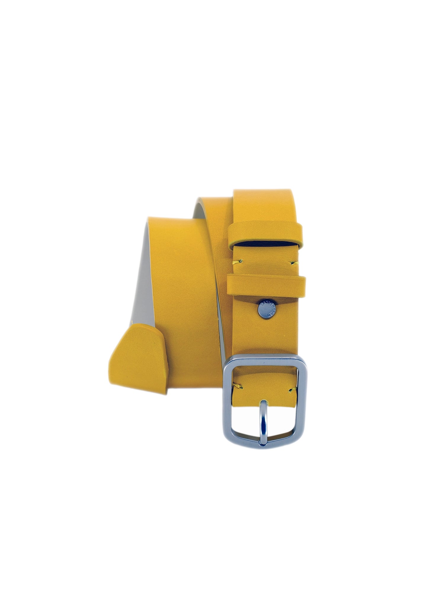 Vertical coiled view of Submarine Yellow smooth leather belt with weathered silver buckle and matching silver rivet.