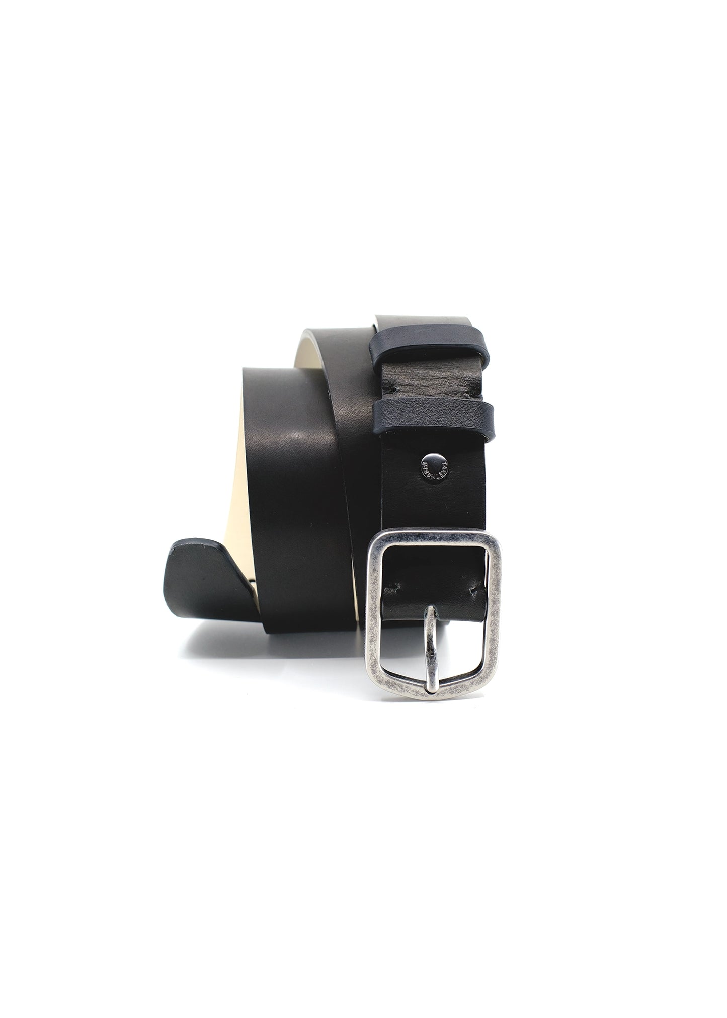 Vertical coiled view of Classic Pitch Black smooth leather belt with a weathered silver buckle and black rivet.