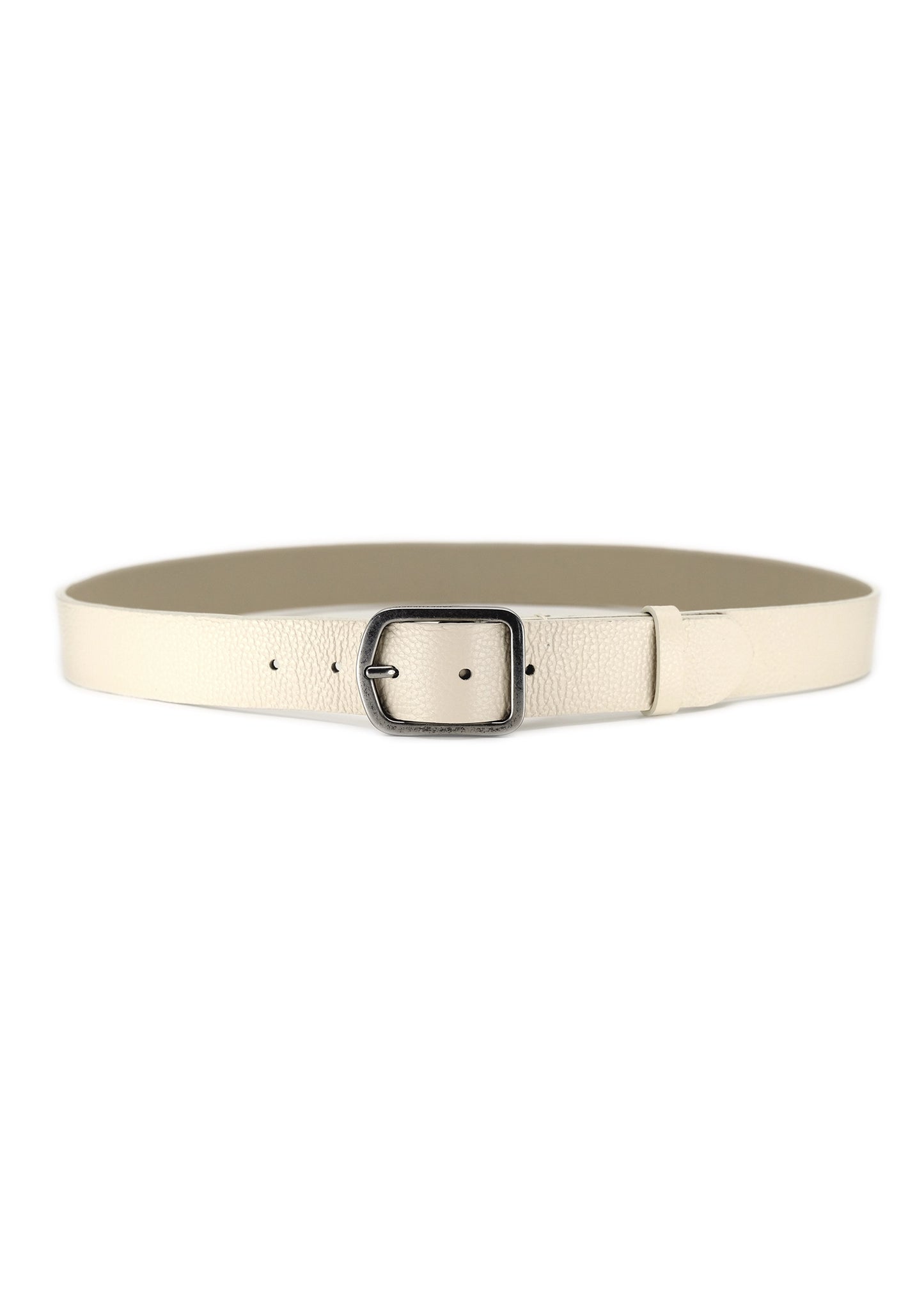 Horizontal view of the off-white Dusty Spring Grunge Belt in pebble-grain leather with a weathered silver buckle.