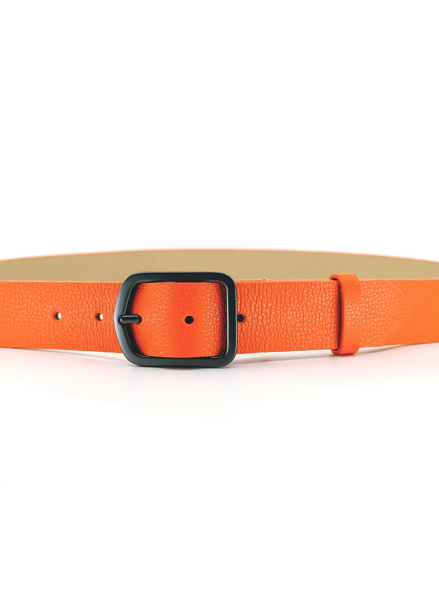 Front view of the bright orange Tatooine Sunset Grunge Belt featuring pebble-grain leather and a matte black buckle.