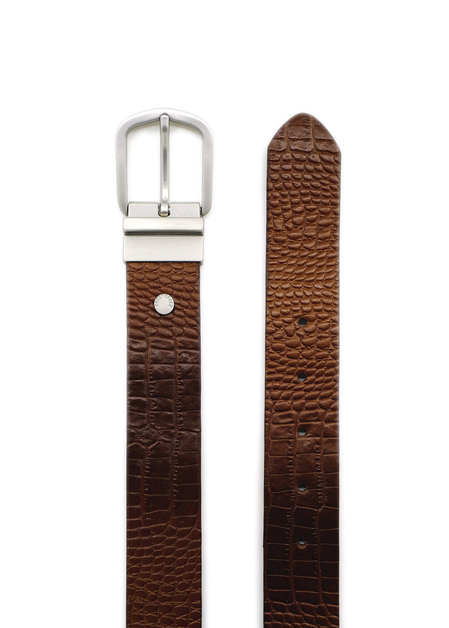 Top-down view of Two-Face Smokey Cognac crocodile embossed leather belt with a reversible brushed silver buckle.