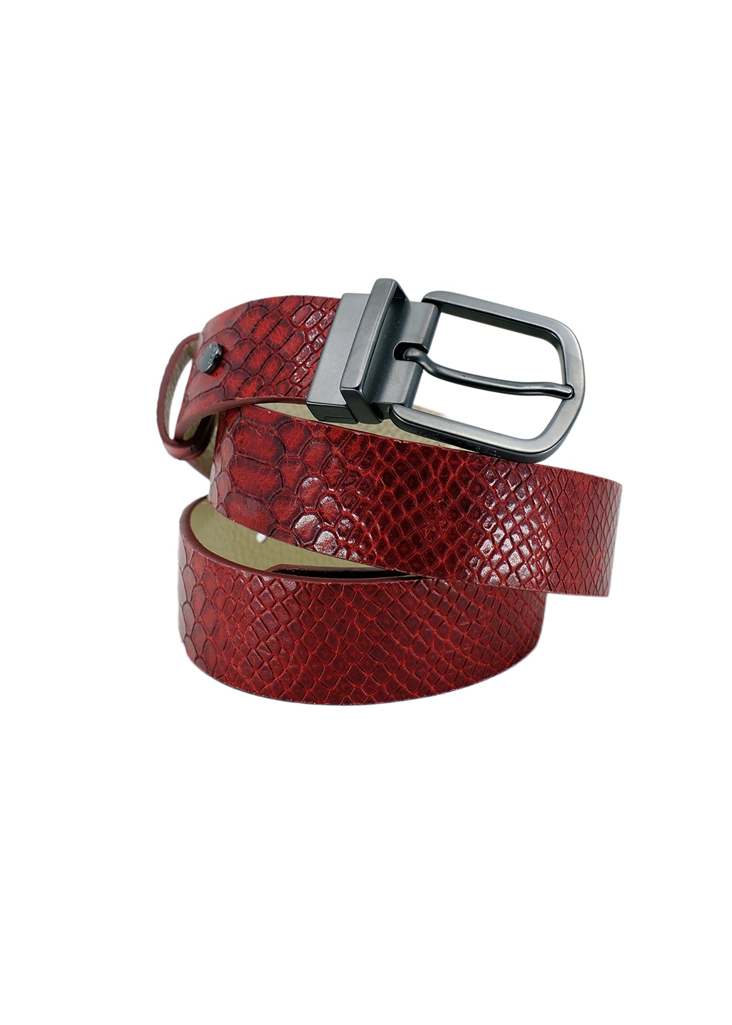 Side-angle view of the coiled Blood Simple red snakeskin belt, highlighting the sleek black reversible swivel buckle and detailed texture.