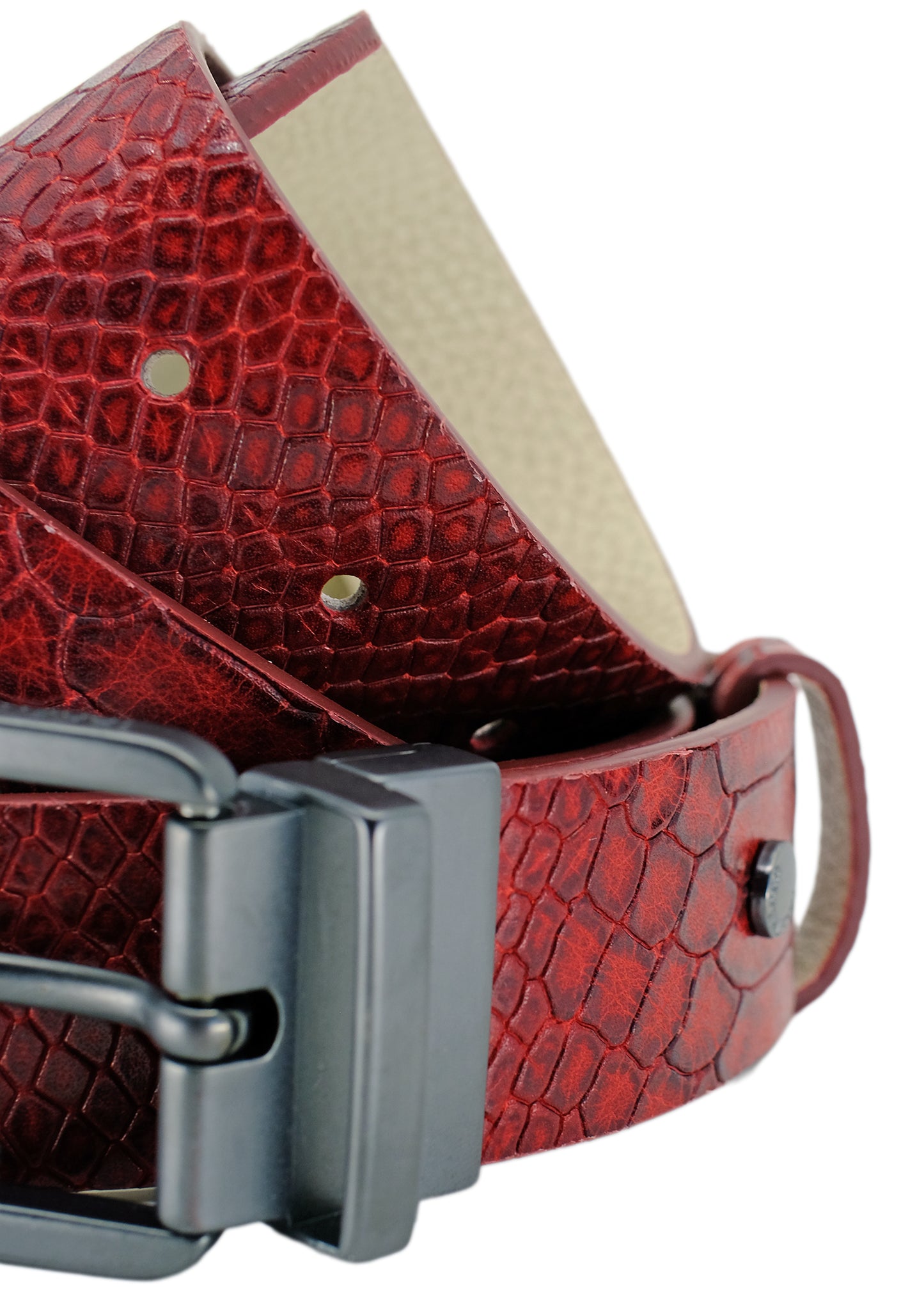 Side-angle macro of the Blood Simple red snakeskin belt, focusing on the matte black reversible buckle's swivel joint and the detailed texture.