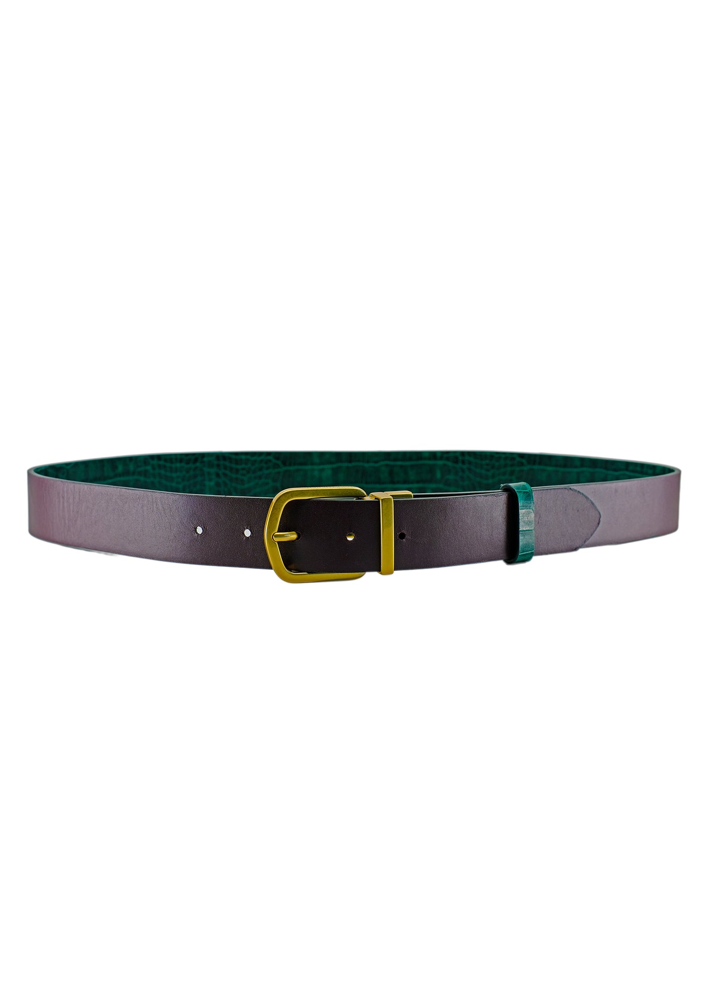 Full horizontal view of the Two-Face belt flipped to the Red Mist side, highlighting the smooth burgundy leather and the reversible gold buckle.