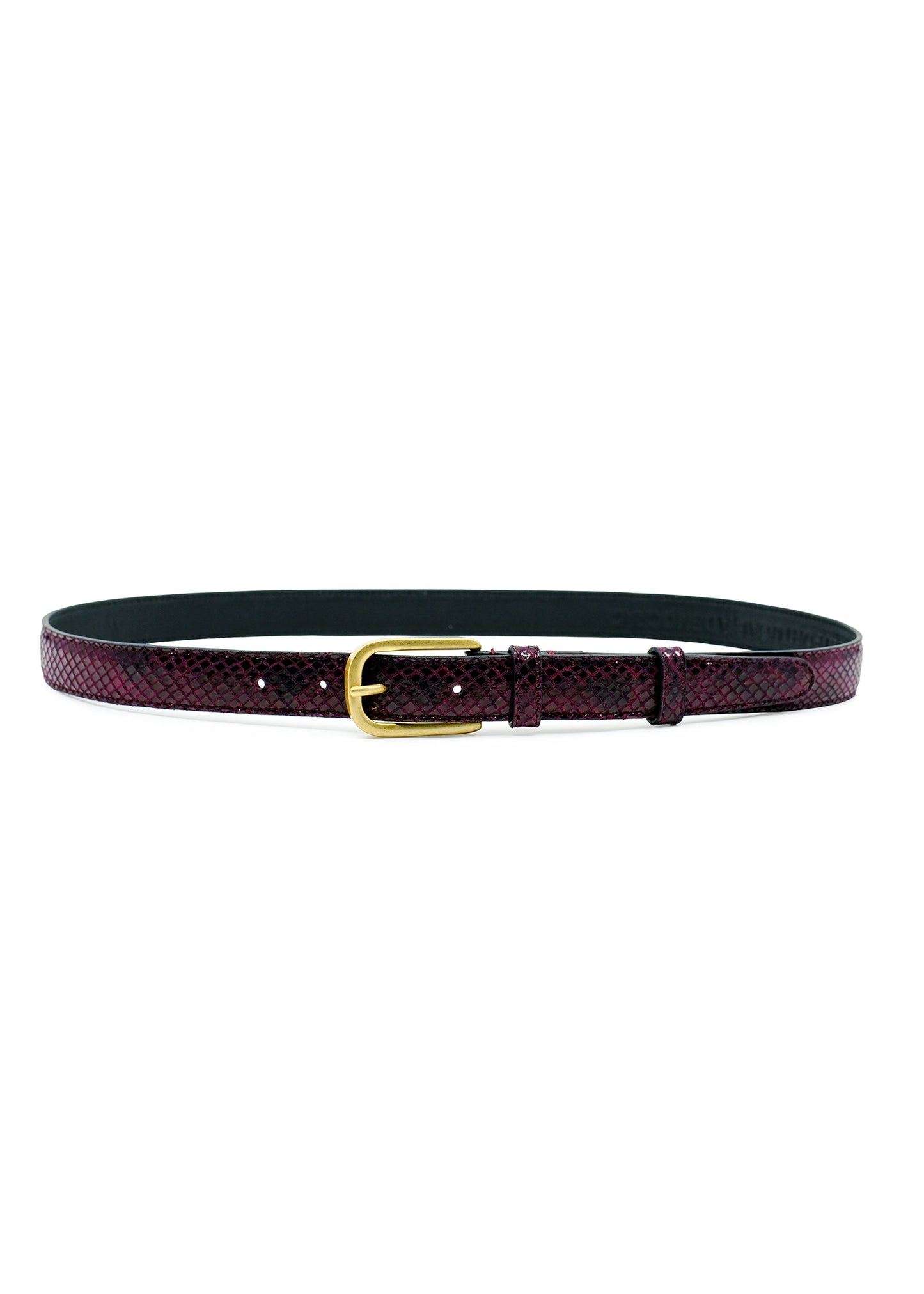 Dark Plum embossed snakeskin belt fastened in a circular loop, featuring a classic golden buckle.
