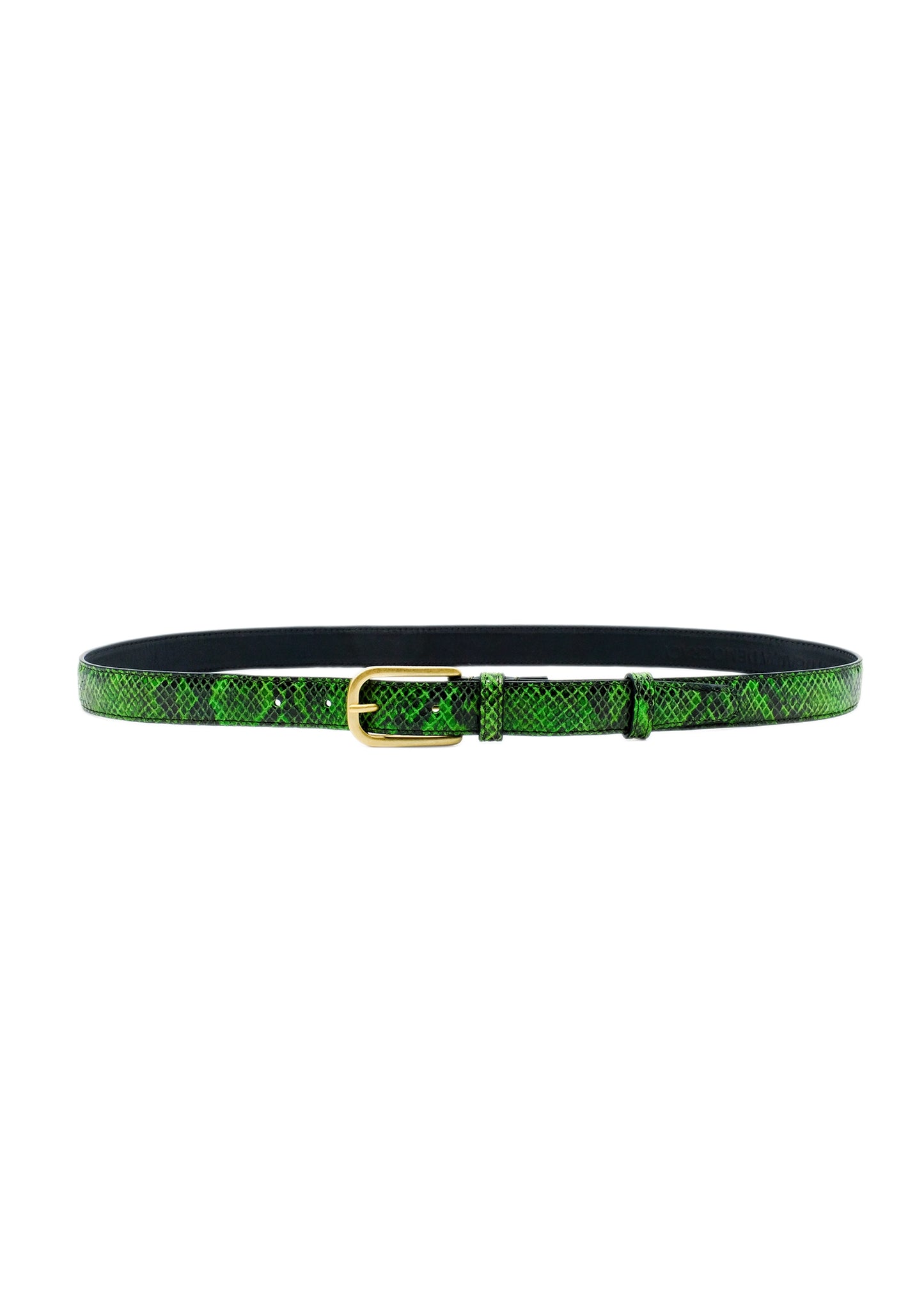 Horizontal profile of the Atomic Green snakeskin belt, fully fastened to showcase the slim silhouette on white.
