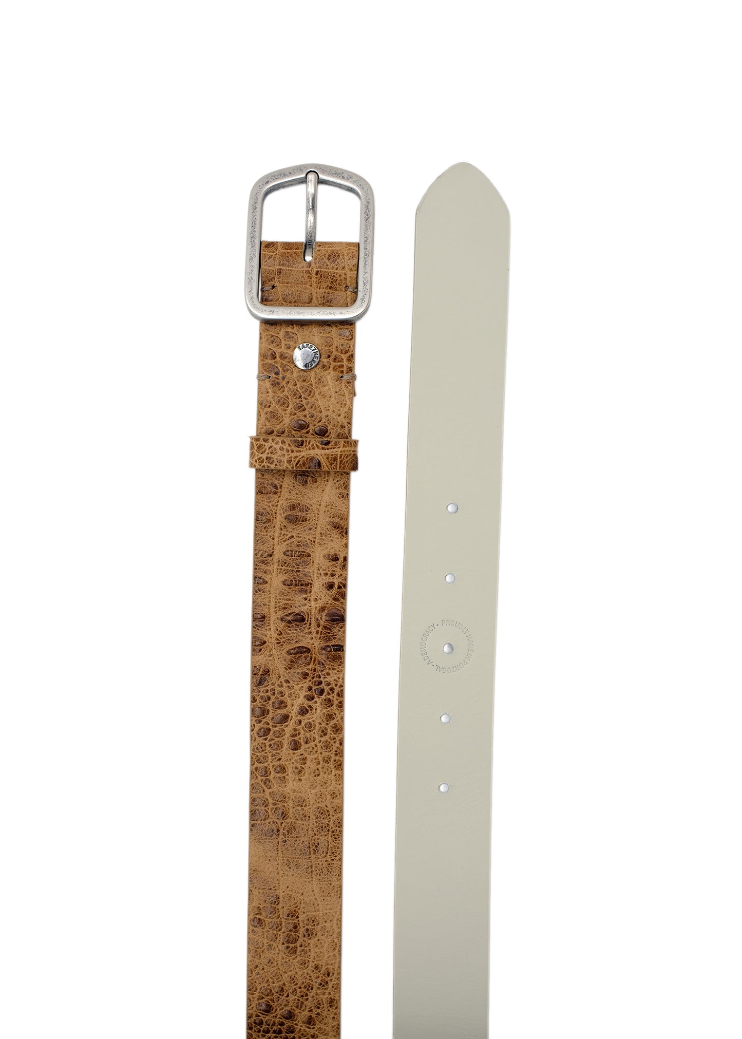 Top-down view of the Dusty Spring crocodile embossed belt, highlighting the rectangular weathered silver buckle and the natural-toned leather texture.