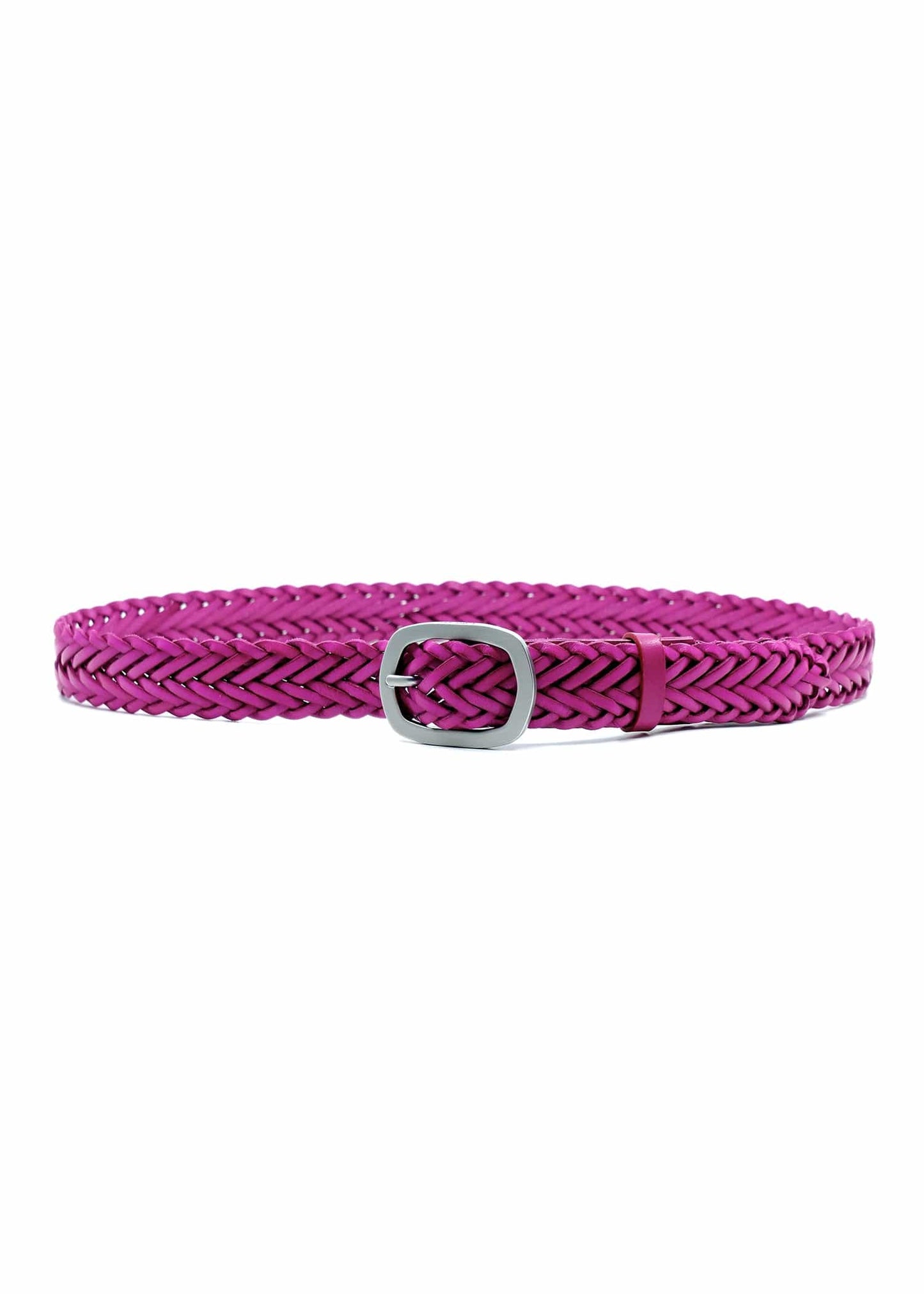 Horizontal view of Barbie Pink braided leather belt with a matte silver buckle and matching pink leather loop.