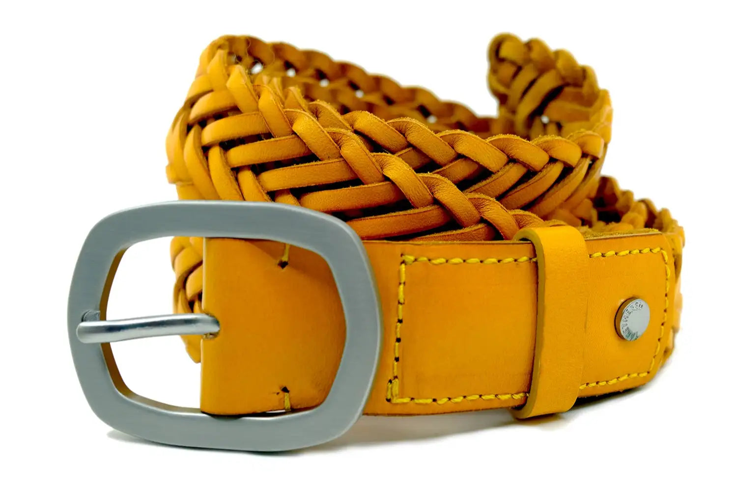 Macro close-up of a braided Metropolitan leather belt in submarine yellow with a silver buckle.